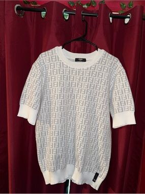 Fendi White & Light Gray FF Logo Knit Top